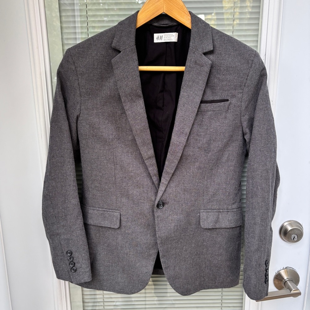 H&M Boys 12/13Y Gray Textured-Weave Cotton/Linen Lined Suit Jacket Blazer EUC